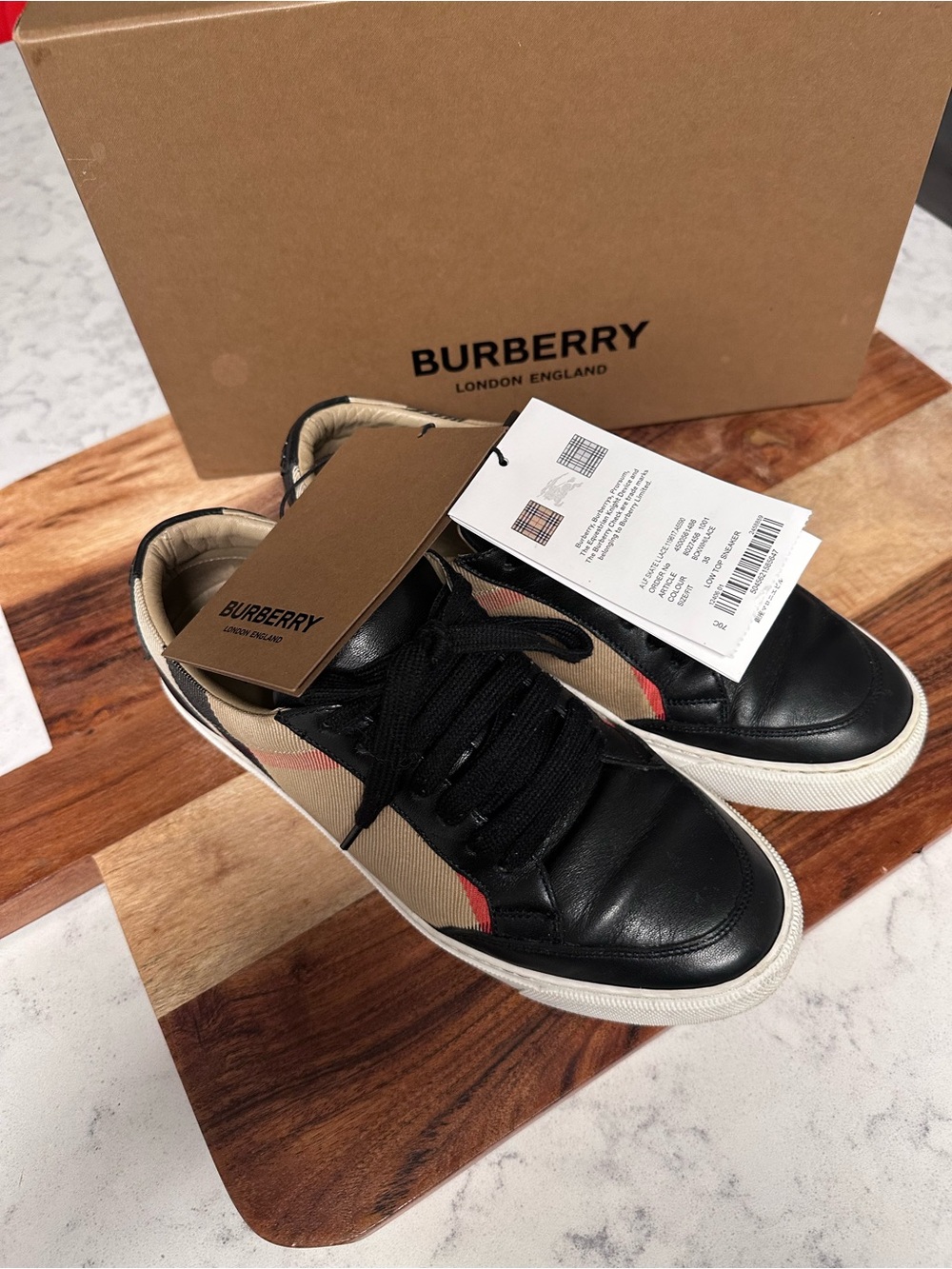 Burberry Black Leather Sneakers with Beige Panels & Red Stripe - Picture 4 of 8